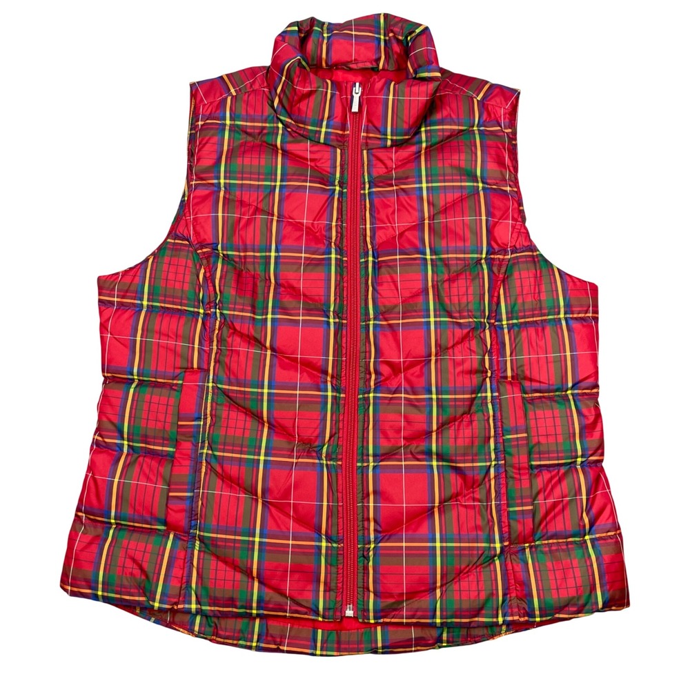 Lands End Red Plaid Tartan Down Filled Puffer Vest Women M
